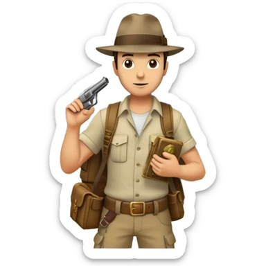 An icon inspired by adventure games like Uncharted 4, featuring a rugged explorer with a backpack, standing in front of an ancient temple or treasure. The design includes a treasure map, a pistol, and jungle foliage, symbolizing the thrill of exploration and danger. Transparent background sticker