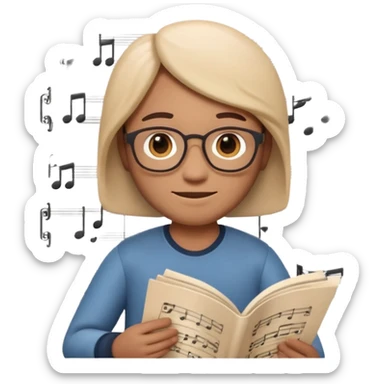Apple Memoji-style 3D emoji of a composer holding sheet music, soft shading, rounded shapes, no background. sticker