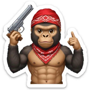 A gorilla holding a gun in the air with a bandana  sticker