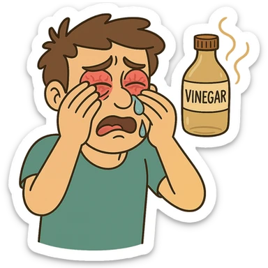 A cartoon style illustration showing a vinegar bottle above a person, with a visible drop of vinegar falling into their red, watery eyes. The eyes are expressive and the image has no background. The style is cartoonish and vivid, emphasizing the vinegar bottle and the eyes with the falling drop. sticker