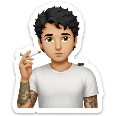 Italian man with tanned skin, curly black hair in short bob style, stubble, olive eyes, gold earring in left ear, white t-shirt, black tattoo on forearm, smoking cigarette sticker
