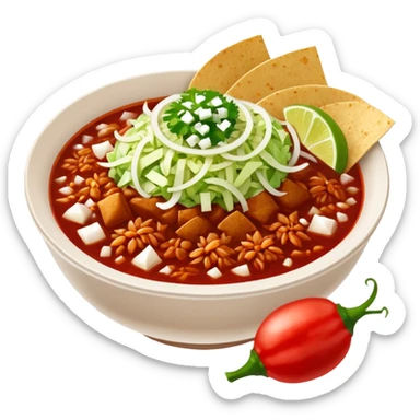 A delicious hot bowl of pozole rojo with separate sides next to the bowl: white chopped onions, green shredded cabbage, lime wedges, red chile de arbol salsa, and round tostadas sticker