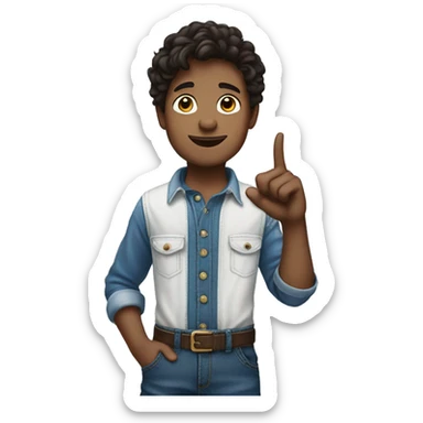 boy pointing to the sky from behind, half body, dark brown wavy hair, wearing blue jeans overalls and white shirt. sticker
