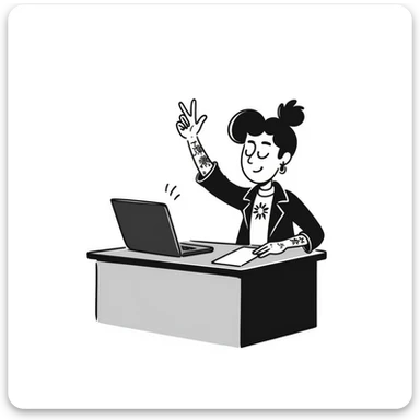 A rockstar female musician with tattoos on her arms, stylish modern haircut with shaved sides, wearing cool rocker clothes, smiling and sitting at a desk with a laptop, raising hand during class sticker