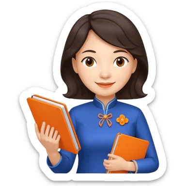 Teacher emoji but : wavy dark brown hair, light skin, no glasses, dark eyes, with a computer folder in the hand (color is orange), being a teacher, wearing a chinese qipao ( dark blue)


 sticker