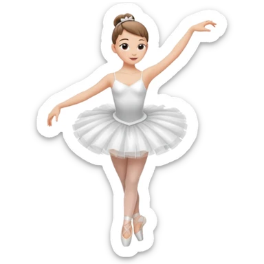 A ballerina dancing with point shoes and in a white tutu with a ribbon on her waist, she has a slick bun and a great posture sticker