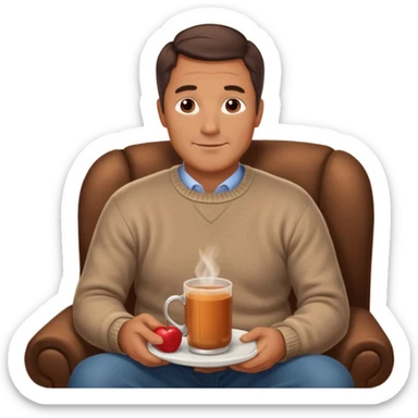 Cozy handsome 45 year old man sitting next to a nice fireplace with a hot apple cider, book, and plate of chocolate cookies. sticker