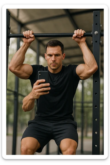 uomo che fa Muscle up e si sta filmando davanti con il telefonino per vedere la sua posizione dei gomiti e delle mani sulla sbarra sticker