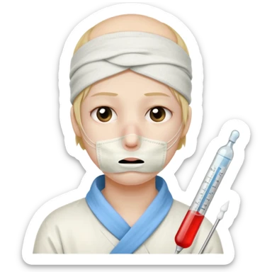 sick person with a termometer on her mouth and a bandage on the head sticker
