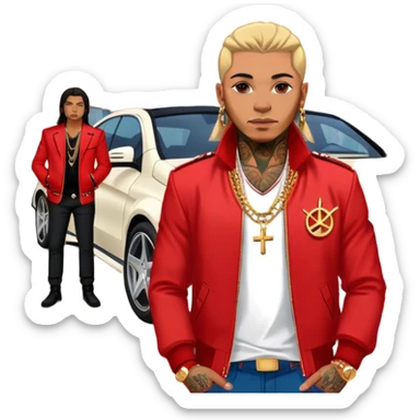 Icon for Chanson: Russian chanson singers with tattoos, red jackets, and gold chains, standing in front of a Mercedes. The design should capture the bold and stylish essence of the genre with a vibrant, urban background. Transparent background. sticker
