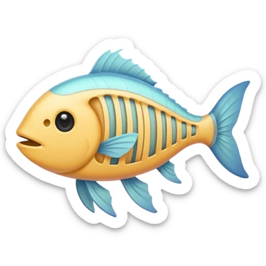 A simple emoji-style fishbone — cartoon look, clean outline, pastel colors, with a rounded fish head, hollow eye, and clear rib bones leading to a tail. Minimal, cute, and high contrast without any cat shown sticker