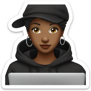 pretty african american girl with black hat and black sweatshirt hoodie pixie cut with laptop sticker
