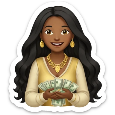 laughing dark long haired woman holding lots of money sticker