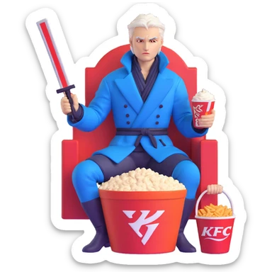 Vergil from Devil May Cry sitting in a KFC bucket, blue coat, white hair, katana sticker