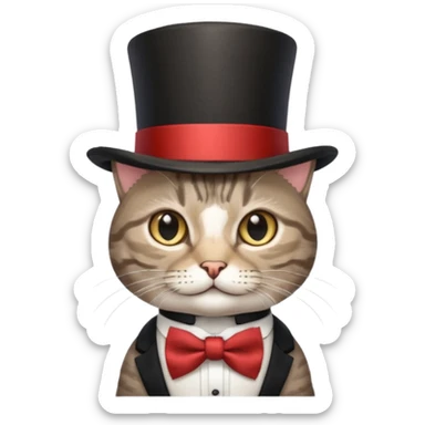 Grey tabby cat in top hat and bow tie sticker