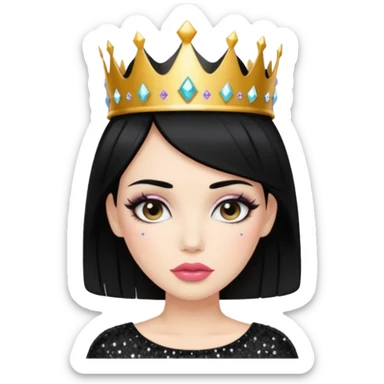 Chica con pelo negro y labios gruesos maquillada hermosa con una corona de brillos y un top negro moderno  sticker