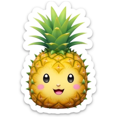 Cute Kawaii Pineapple, tiny and round, bright golden yellow with a spiky green top, chubby cheeks, playful winking expression, soft pastel textures, sweet and tropical vibes! sticker