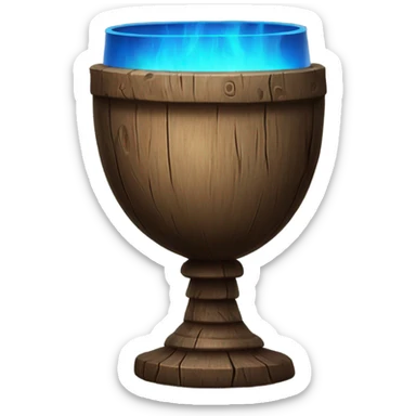 A magical goblet, large and imposing, made of aged wood with a smooth surface. It emits a kind of blue fire, standing out as a symbol of power and mystery. sticker