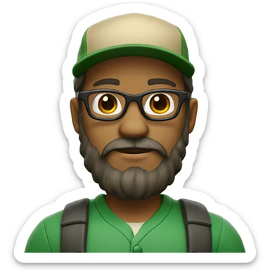 A 3D avatar with a oil-green baseball cap, glasses, and a full beard on a beige background. 35 years old

 sticker