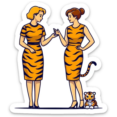 Two women chatting, dressed in leopard print and tiger print dresses sticker