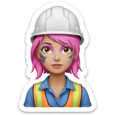 construction worker woman pink hair, white helmet and face tattoo sticker