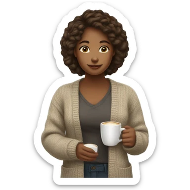 A young woman wearing cardigan and siping coffee sticker