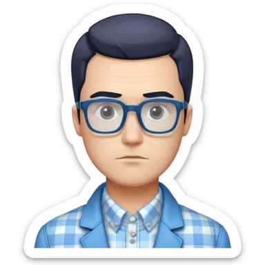 Man with square face, large dark square glasses, short straight hair combed to the side. Serious-relaxed expression. Light blue jacket, white shirt with blue checkered pattern. sticker