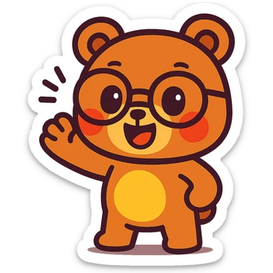 chibi bear with glasses waving bye, happy, animated style, cute and vibrant sticker