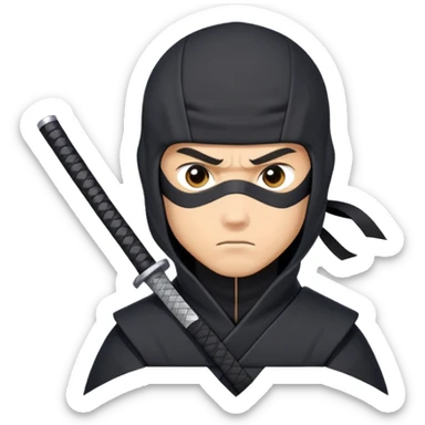 clash-of-clans-aesthetic_-cinematic-mysterious-male-ninja-portrait-emoji, rendered in a flat, vector-style with minimal shading and bold, simplified shapes,   with a head slightly turned revealing intense, focused eyes. the ninja is accompanied by a Ninken dog sticker