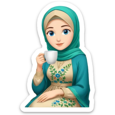 Turkish beautiful finish Konya girls blue eyes with Beautiful beige green floral hijab long tail dress and this two friends sit in a lovely garden on the chair on the ground and holds cup coffe with her hand  sticker