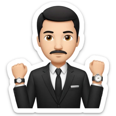 Roupa: terno preto moderno e bem ajustado, com camisa social branca sem gravata (para dar um ar mais contemporâneo), cinto de couro preto e relógio prateado. Tom de pele: médio quente
Cabelos: curtos e bem penteados PRETOS
Rosto: com bigode e cavanhaque leve, expressão firme e confiante. PRETOS sticker