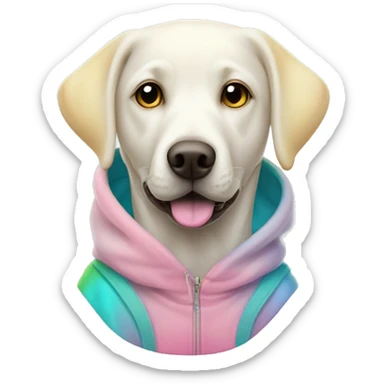 a very white labrador wearing a color dye hoodie with pink yellow light blue and green sticker