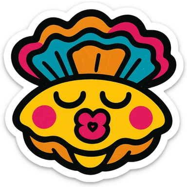 Cute oyster with a kissing expression (heart-shaped lips) in pop colors style, transparent background. sticker