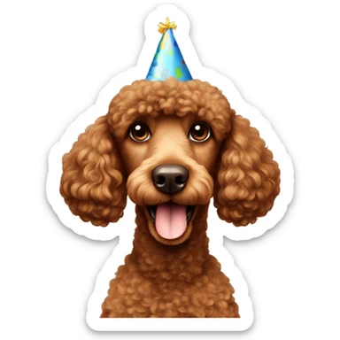 Brown poodle with a birthday hat sticker