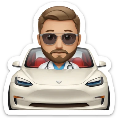 White tesla model 3 and one cool physician with dark blond hair, beard, stetoscope and dark sunglasses next to it sticker