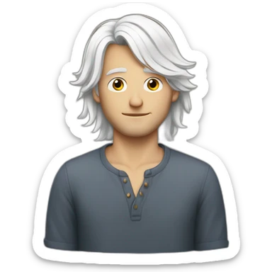 Insecure european guy with mid long white hair wearing a shirt sticker