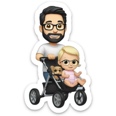 White man with Black hair,  beard and glasses pushing buggy with blonde baby sticker