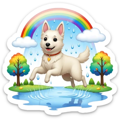 Beautiful White belgian Shepard jumping Cheerful  over Rain puddles. There is a rainbow in the sky and trees in the background sticker