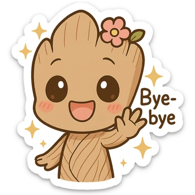 Make Groot even cuter in chibi style, saying bye and waving. Add sparkles, a big smile, and a tiny flower. Remove background. sticker