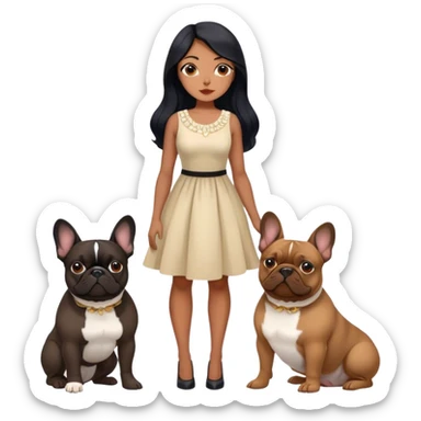 latin woman in a dress with long black hair standing alongside two French bulldogs  sticker