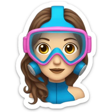 a woman with a scubadiver suit. pink dive mask, with blues eyes inside the dive mask. brown largue and straight hair sticker