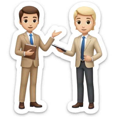 two team members facing each other, one holding a notepad and the other gesturing, in a collaborative pose sticker