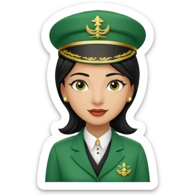 Lady hotel butler with green uniform black hair and just a lite bit brown skin and Arabic face with our hat please sticker