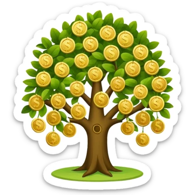 Apple-style money tree, round soft green canopy.
No pot, no ground — only the tree.
Small gold coins as fruits inside the leaves (not below).
Flat 2D vector, clean shapes, no gradients.
Dark near-black background, premium fintech icon. sticker