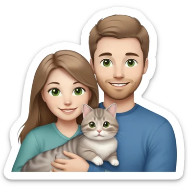 A 31-year-old Caucasian man with short light brown hair, green eyes, and his wife with long light brown hair, gray eyes, smiling. Their baby son with short light brown hair, blue eyes, and a British Golden Chinchilla cat with brown eyes. Warm, cheerful emoji style. sticker