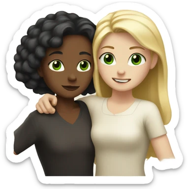 A pale girl with blonde hair green eyes  hugging a brown girl with black hair and brown eyes sticker