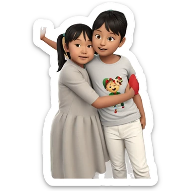 children hugging by christmas tree sticker