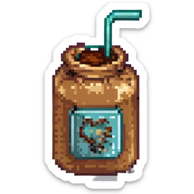8-bit pixel art emoji, IV bag filled with brown coffee connected to arm, medical parody, on-call humor sticker