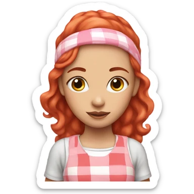 Girl with red hair and a pink and white plaid dress with a pink headband sticker