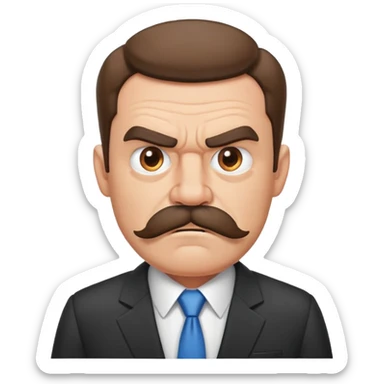 A grumpy cartoon man with a bushy mustache and angry expression, wearing a business suit sticker